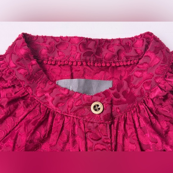 Anthropologie Susanna Burnout Velvet Button Down Blouse Cherry Red Semi-Sheer SM - Picture 5 of 14